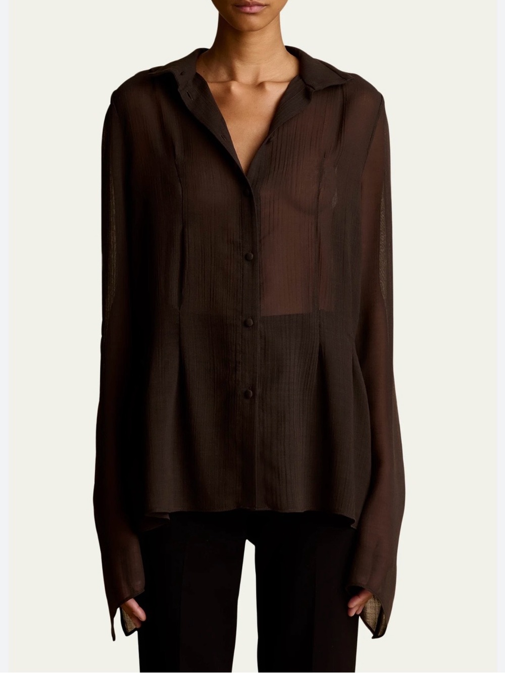 Khaite Sheer Long-Sleeve Button Front Blouse in Dark Brown